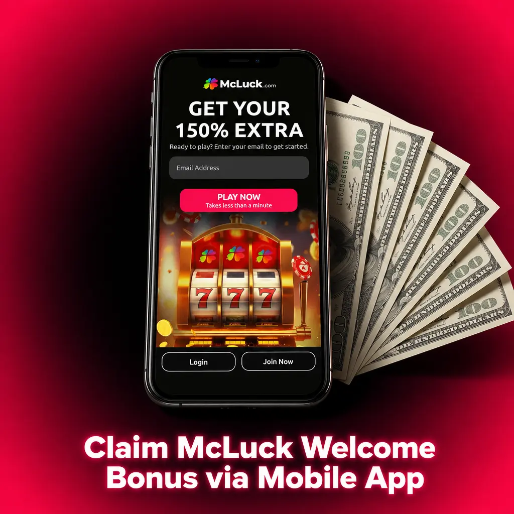 McLuck mobile app screen showing welcome bonus claim steps for iOS and Android users