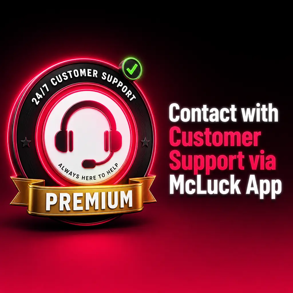 Customer support screen in the McLuck app showing live chat, email, and help center options for account and payment help