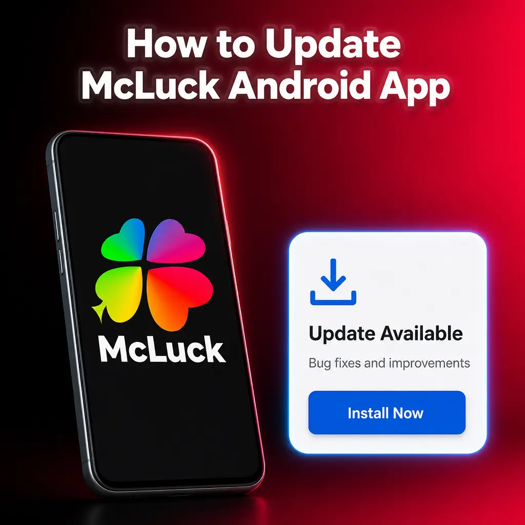 Steps to update the McLuck Android app: download the latest APK, install over the existing app, and restart to confirm.