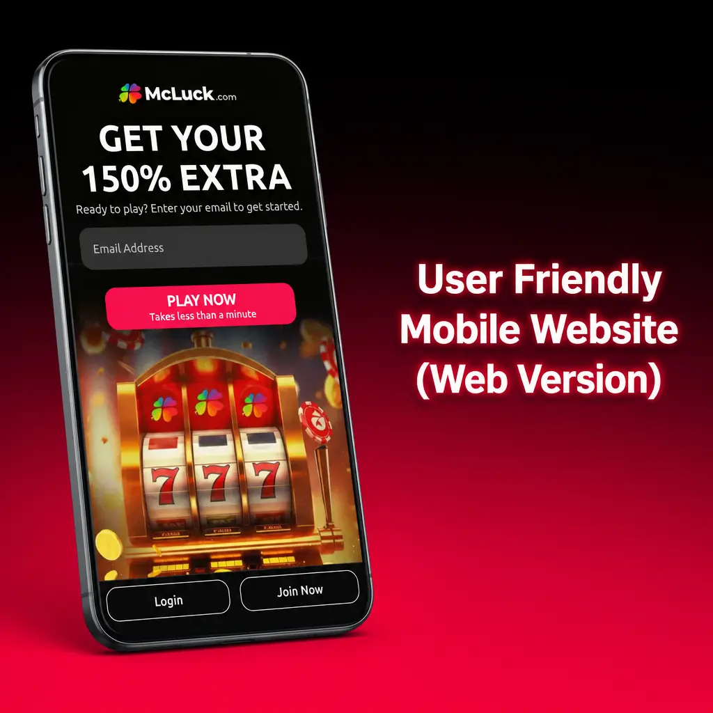 McLuck mobile website on a smartphone browser, showing instant no-download access to games with cross-device balance sync.