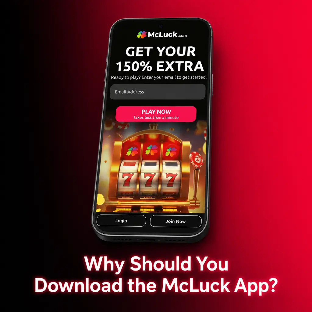 McLuck app icon on a smartphone screen, offering faster load times, one-tap purchases, and quick access to slots and sports betting.